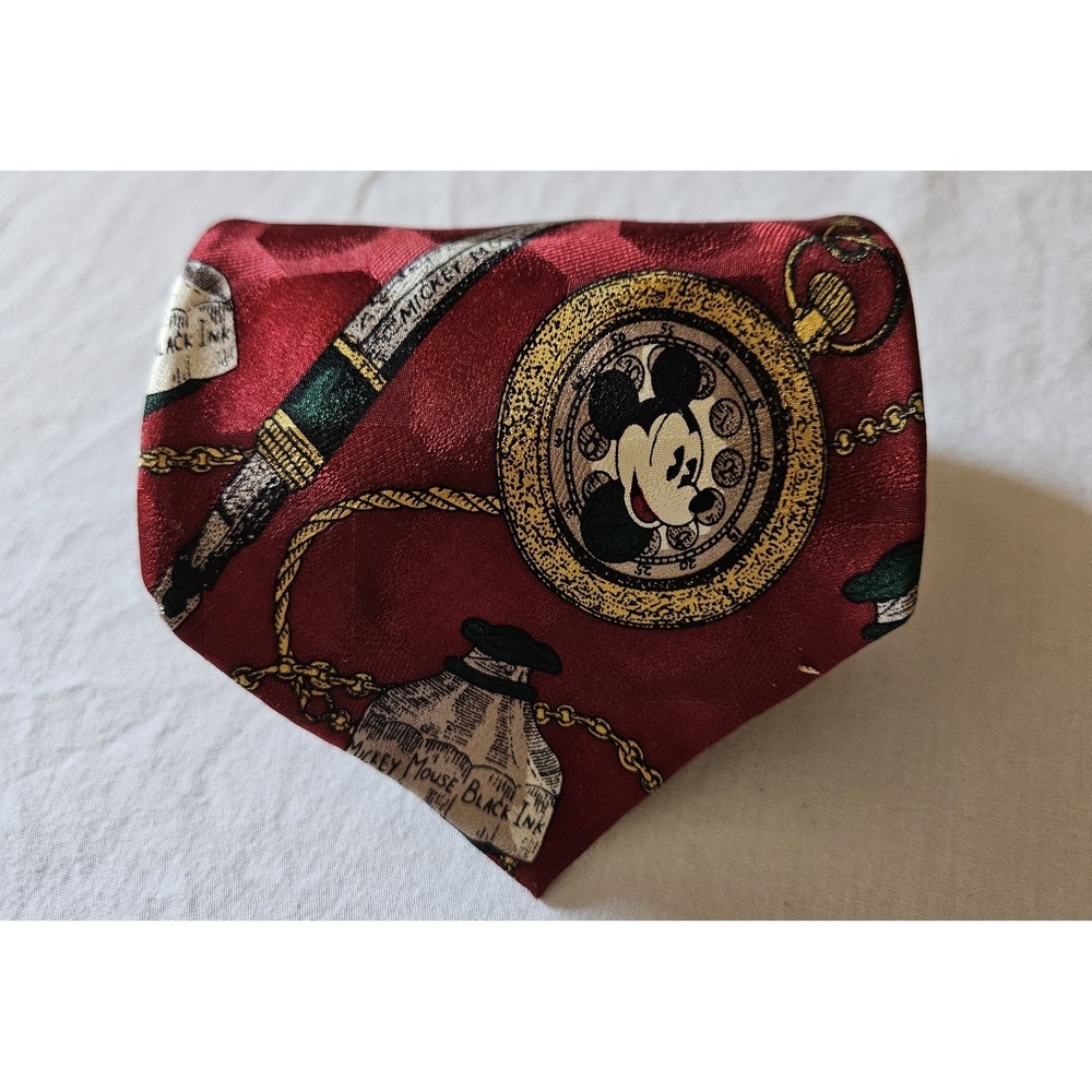 Vintage Mickey Mouse Atlas Design Sweden 100% Silk Necktie Red Pocket Watch Tie